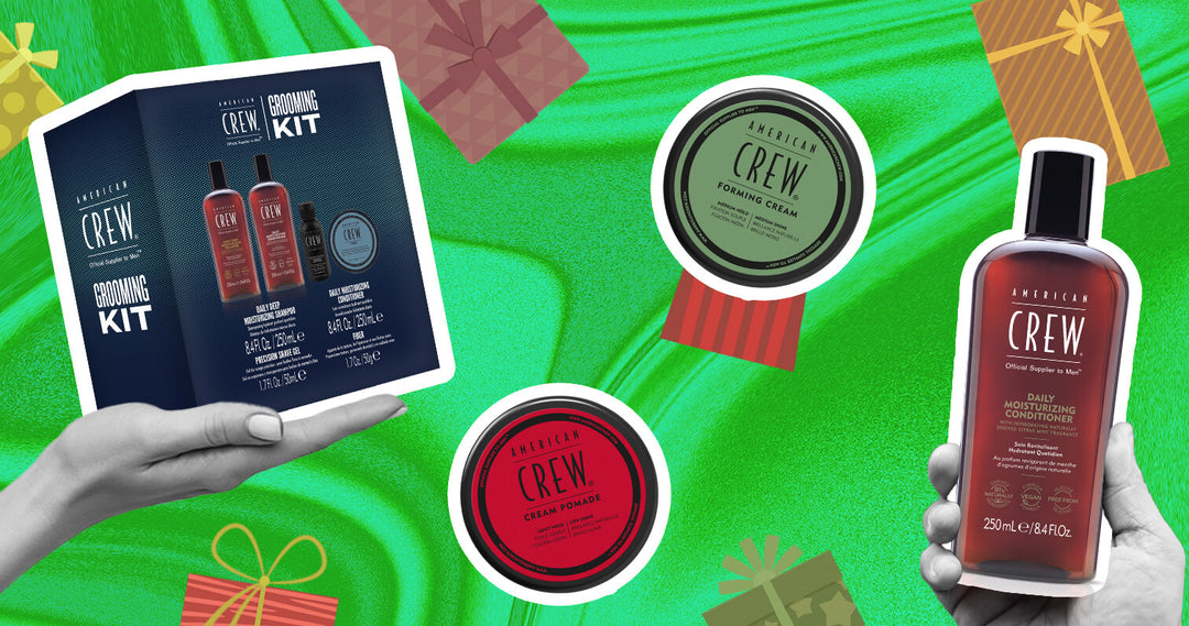 Men's Hair Styling Gifts from American Crew, including men's shampoo, hair gel, and pomade.